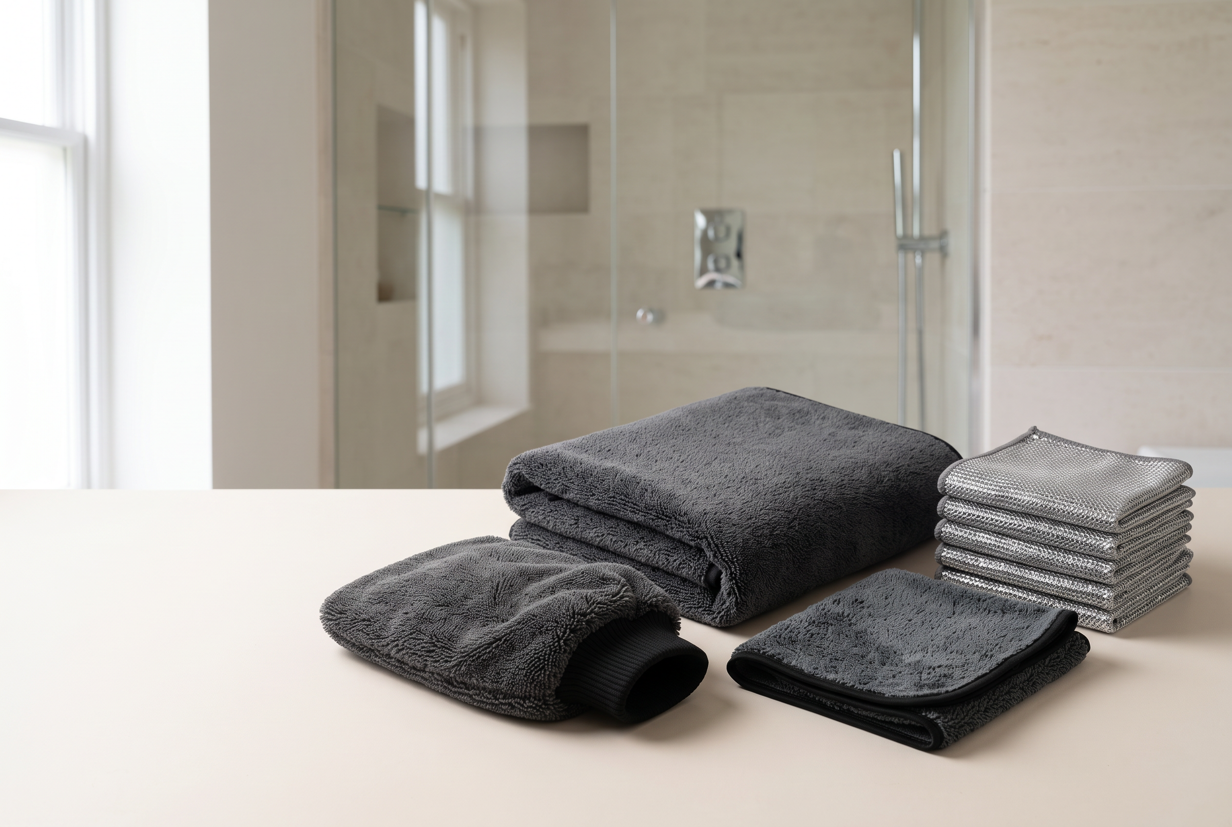The four Gleamira cleaning essentials arranged in a bright modern bathroom